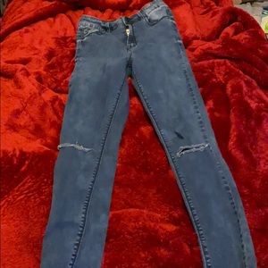 Dark acid washed distressed high waisted jeans